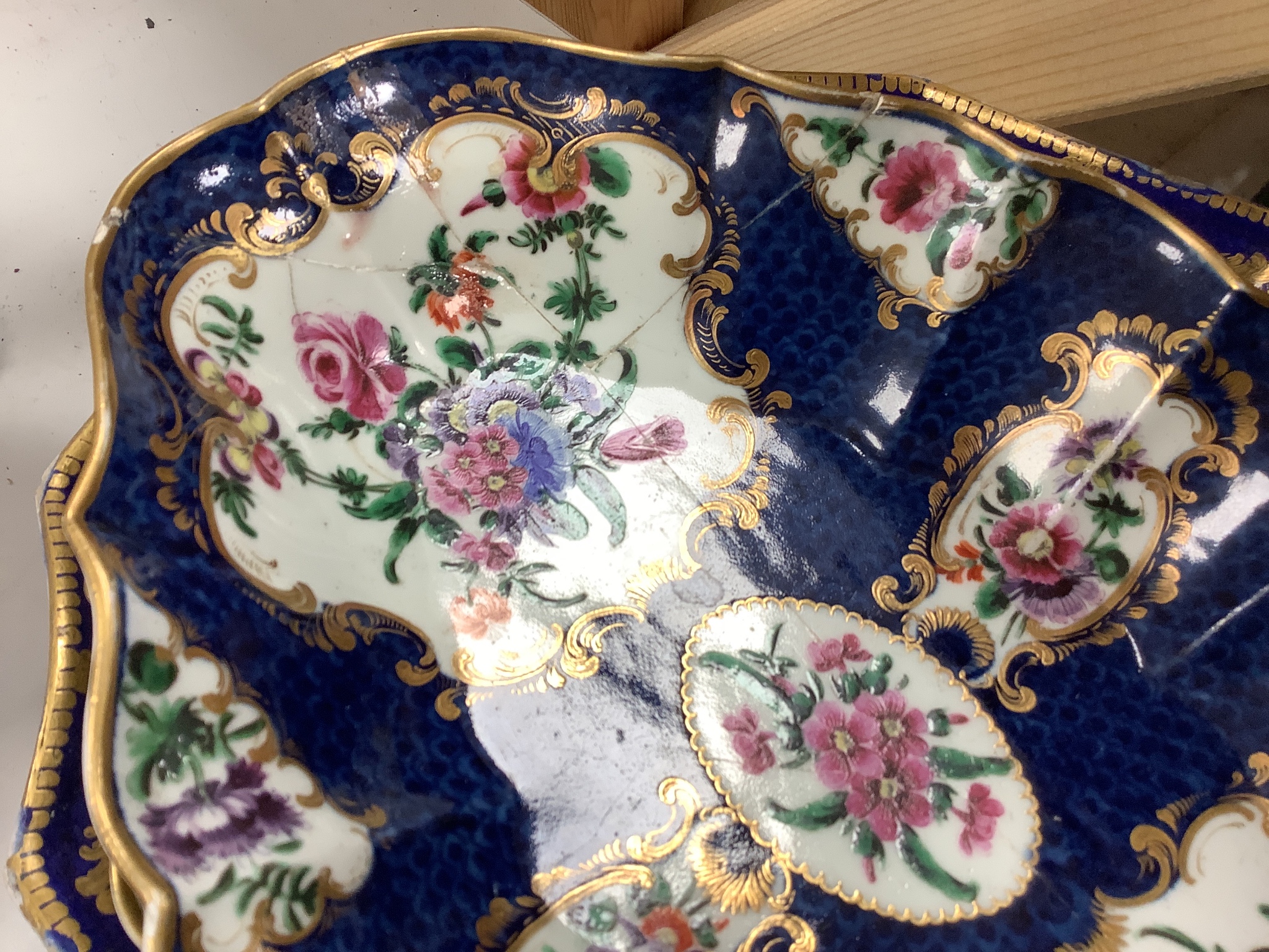 An Assortment of 18th century Worcester and Chelsea porcelain tableware and a Derby figure, damaged